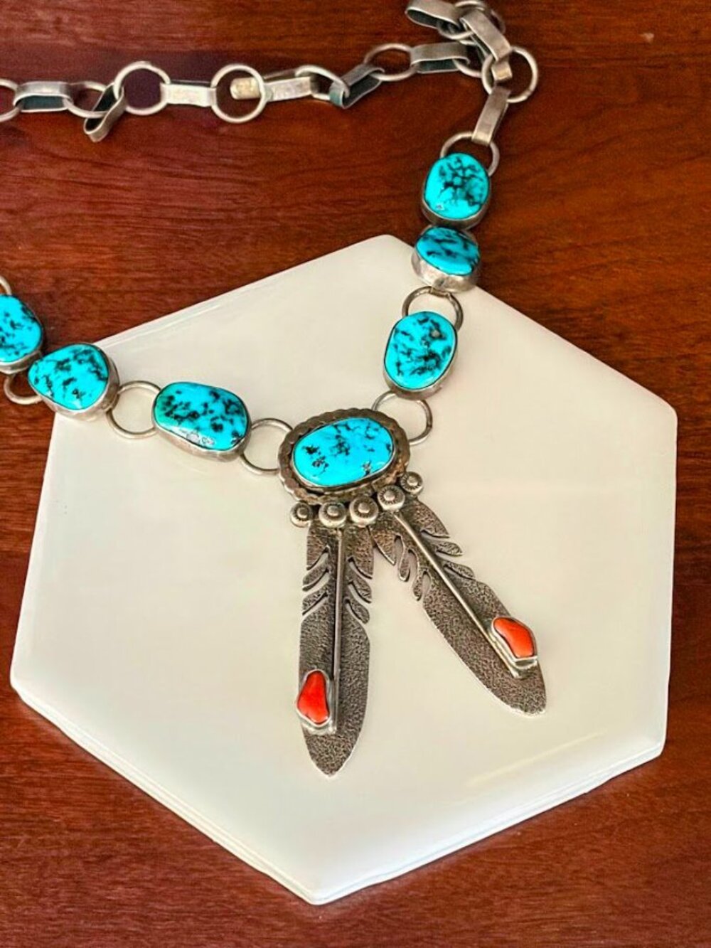 Vintage HBY Harry B Yazzie Navajo Sterling Turquoise Coral Feather Necklace - Picture 4 of 10